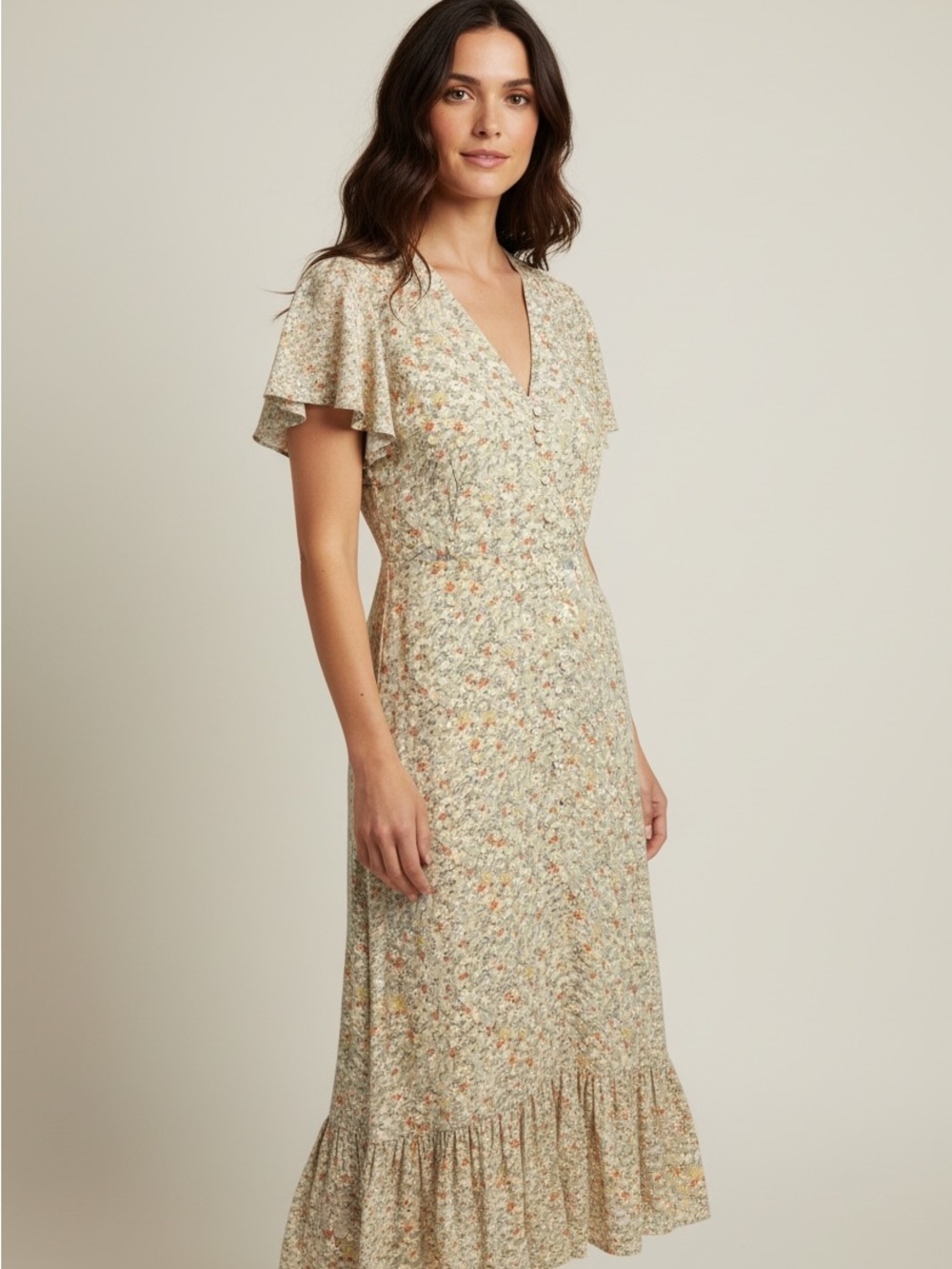 Rails Cream Floral V‑Neck Flutter Sleeve Midi Dress
